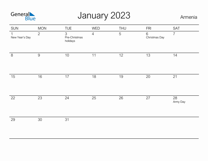 Printable January 2023 Calendar for Armenia