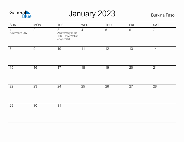 Printable January 2023 Calendar for Burkina Faso