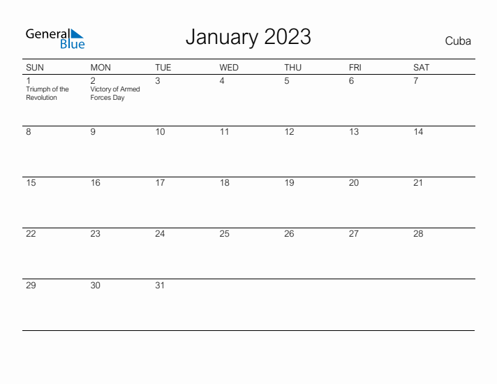 Printable January 2023 Calendar for Cuba