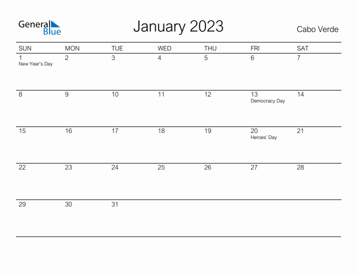 Printable January 2023 Calendar for Cabo Verde