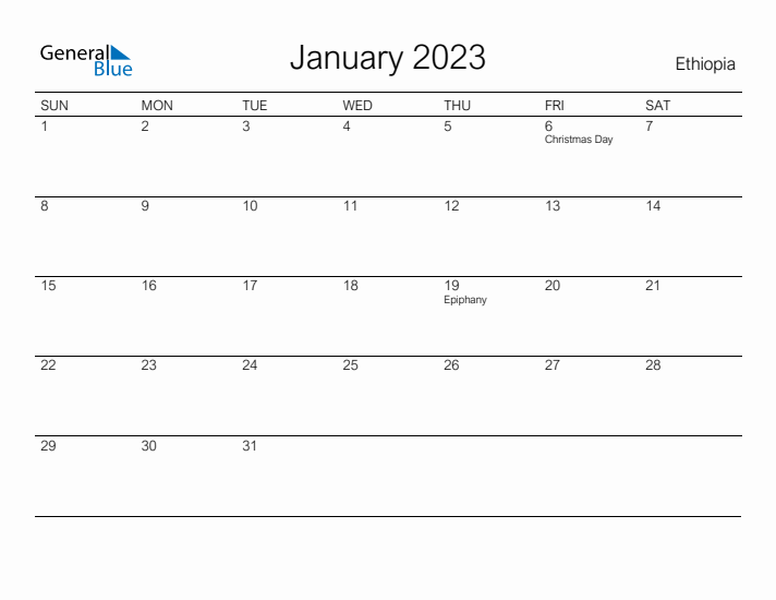 Printable January 2023 Calendar for Ethiopia