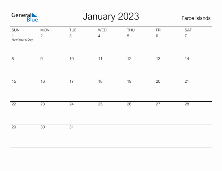 Printable January 2023 Calendar for Faroe Islands