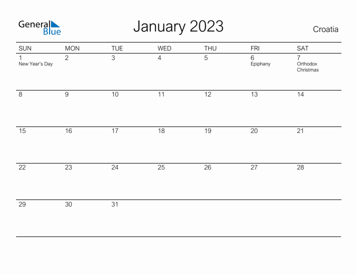 Printable January 2023 Calendar for Croatia