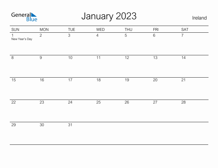 Printable January 2023 Calendar for Ireland