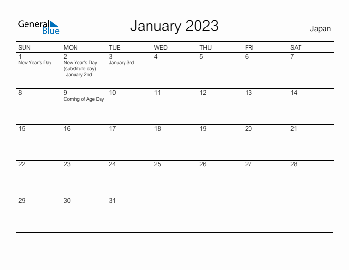 Printable January 2023 Calendar for Japan