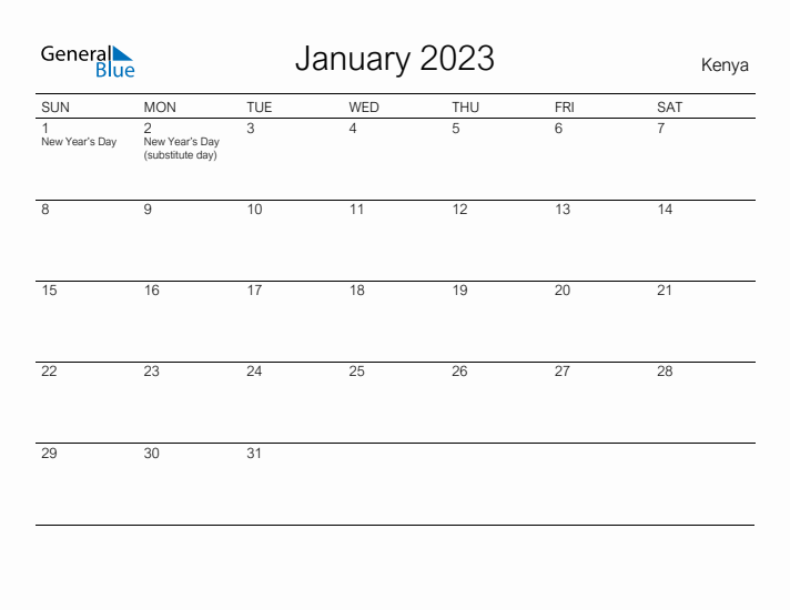 Printable January 2023 Calendar for Kenya