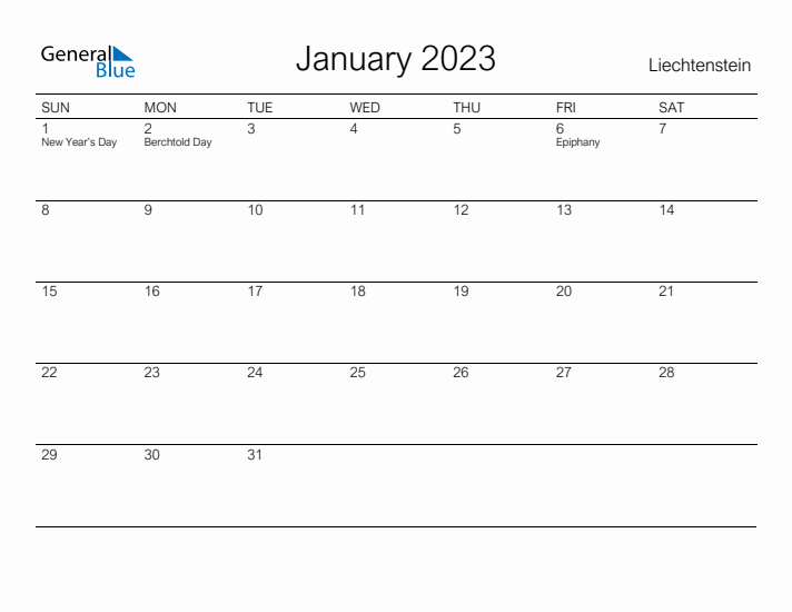 Printable January 2023 Calendar for Liechtenstein