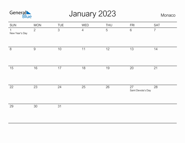 Printable January 2023 Calendar for Monaco