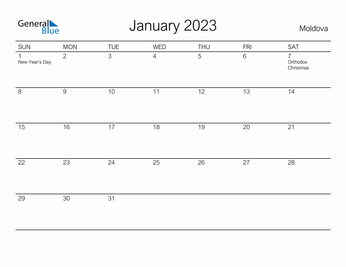 Printable January 2023 Calendar for Moldova