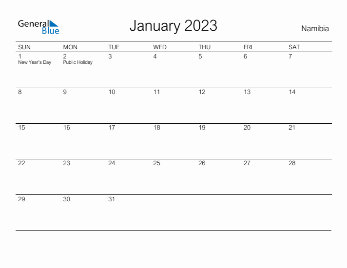 Printable January 2023 Calendar for Namibia