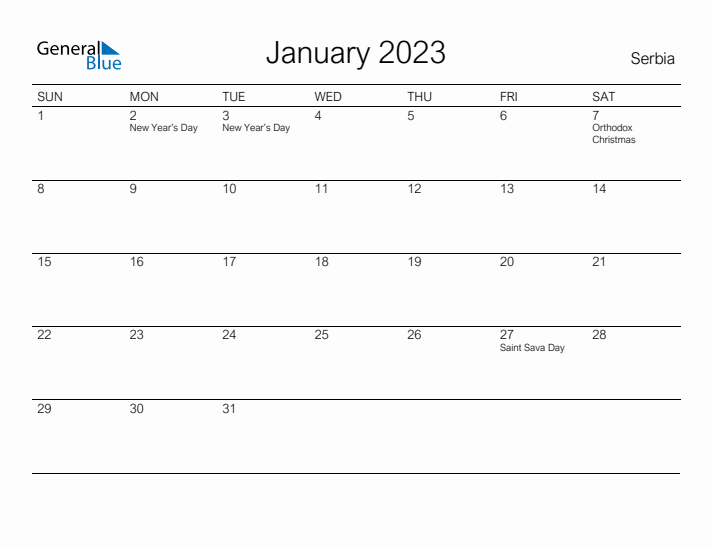 Printable January 2023 Calendar for Serbia