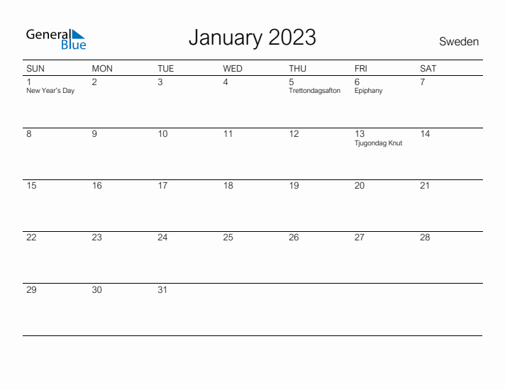 Printable January 2023 Calendar for Sweden