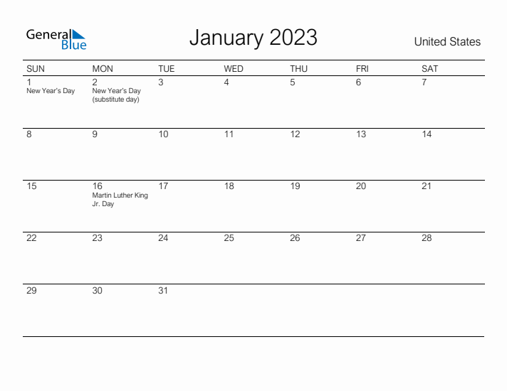 Printable January 2023 Calendar for United States