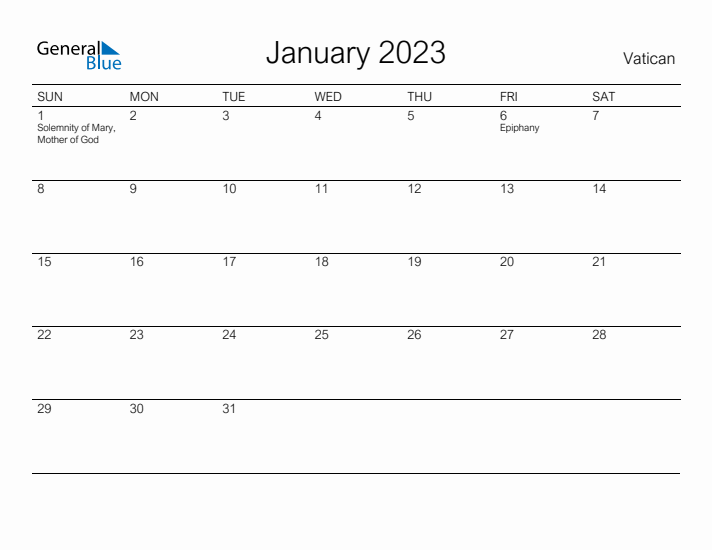 Printable January 2023 Calendar for Vatican