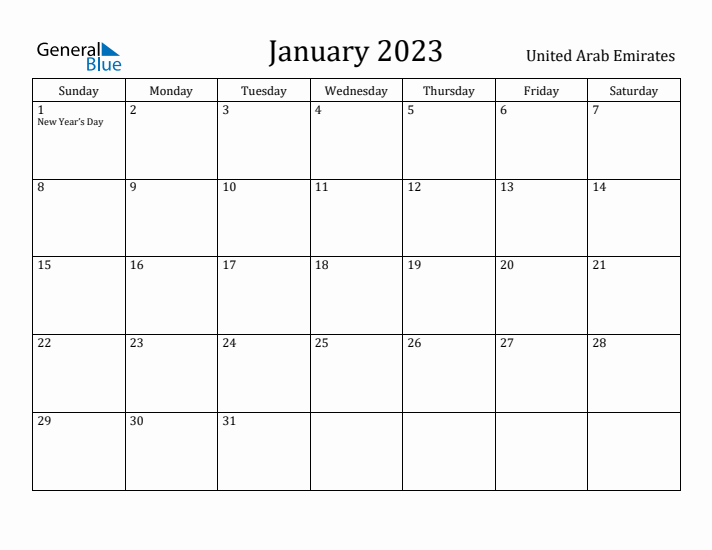 January 2023 Calendar United Arab Emirates