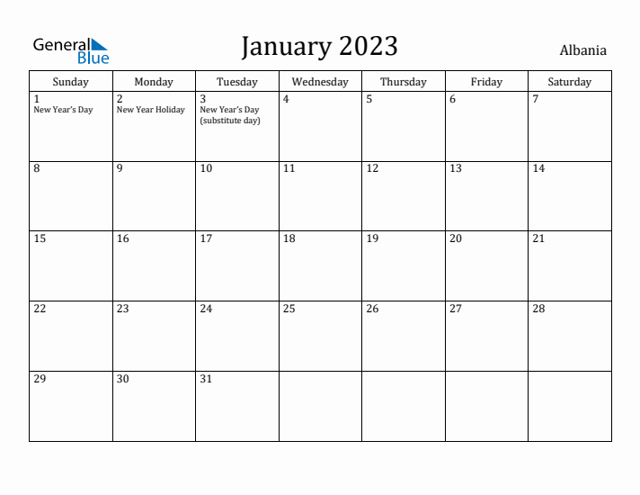 January 2023 Calendar Albania