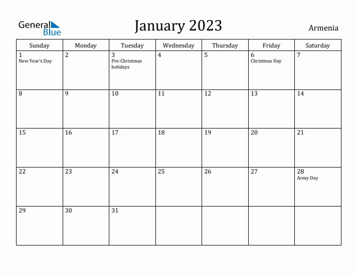 January 2023 Calendar Armenia