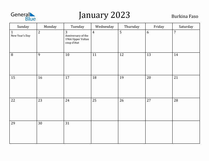 January 2023 Calendar Burkina Faso