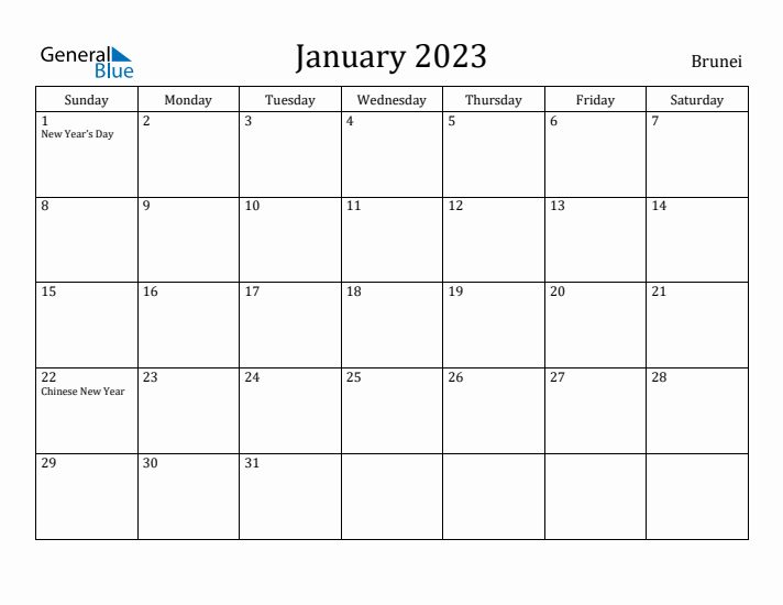 January 2023 Calendar Brunei