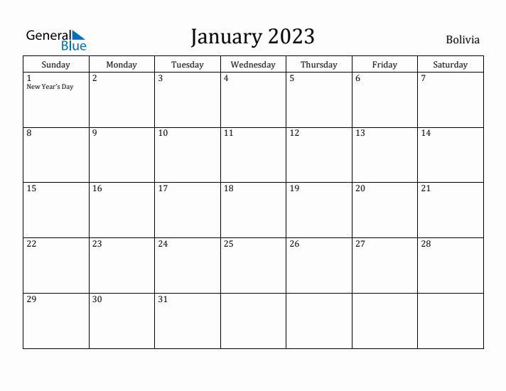 January 2023 Calendar Bolivia