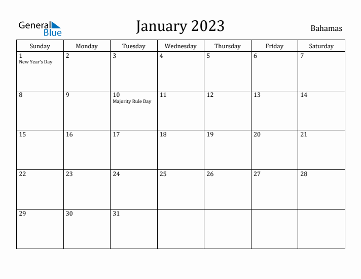 January 2023 Calendar Bahamas