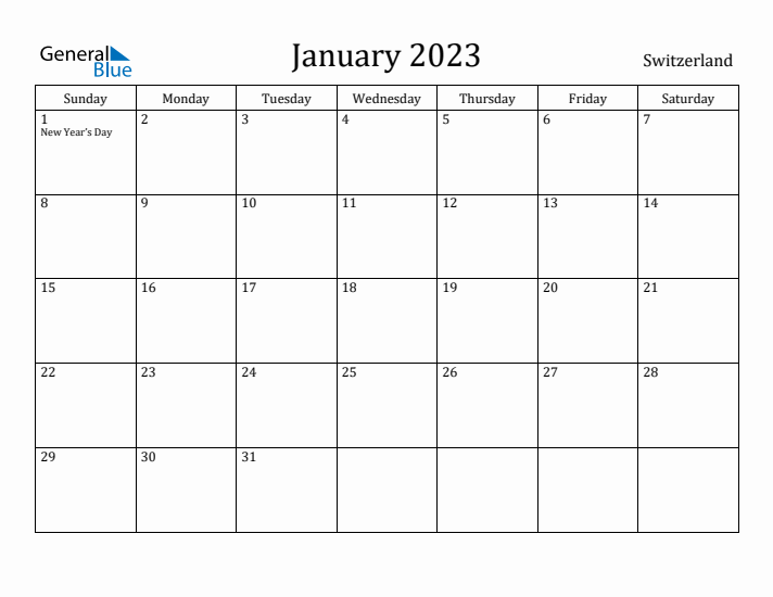 January 2023 Calendar Switzerland