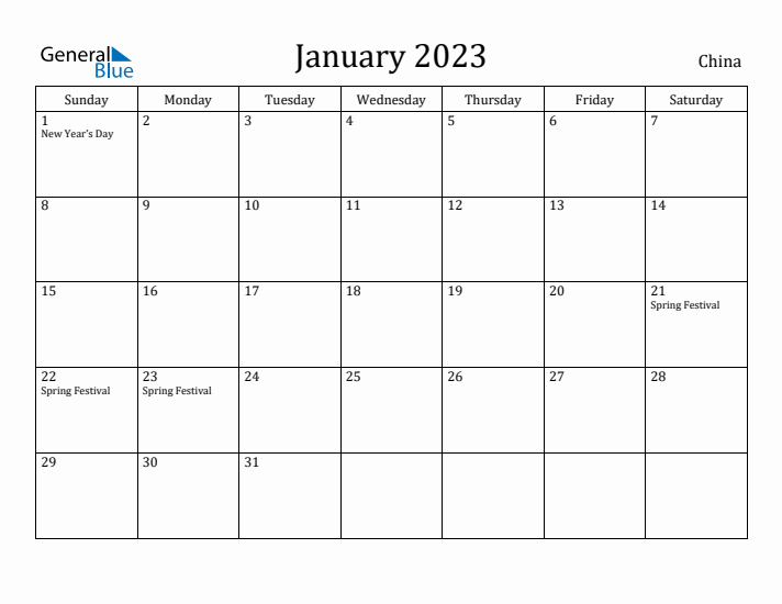 January 2023 Calendar China