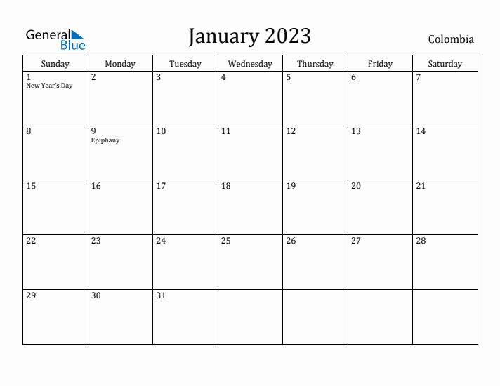 January 2023 Calendar Colombia