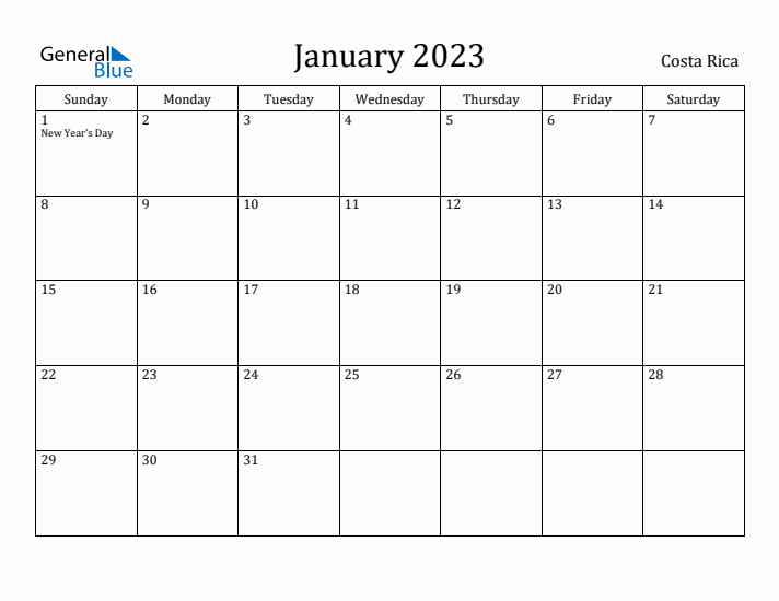 January 2023 Calendar Costa Rica