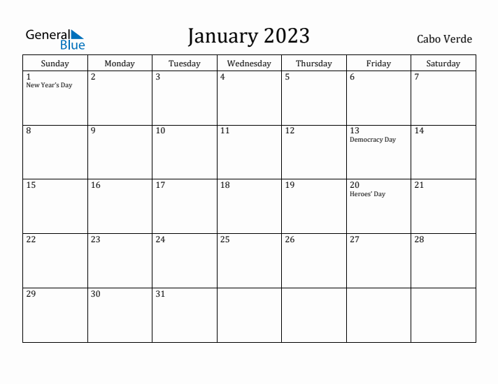 January 2023 Calendar Cabo Verde