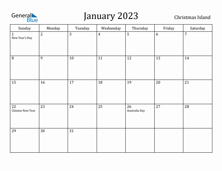 January 2023 Calendar Christmas Island