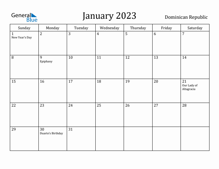 January 2023 Calendar Dominican Republic