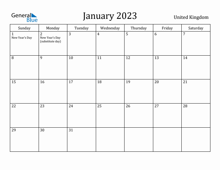 January 2023 Calendar United Kingdom