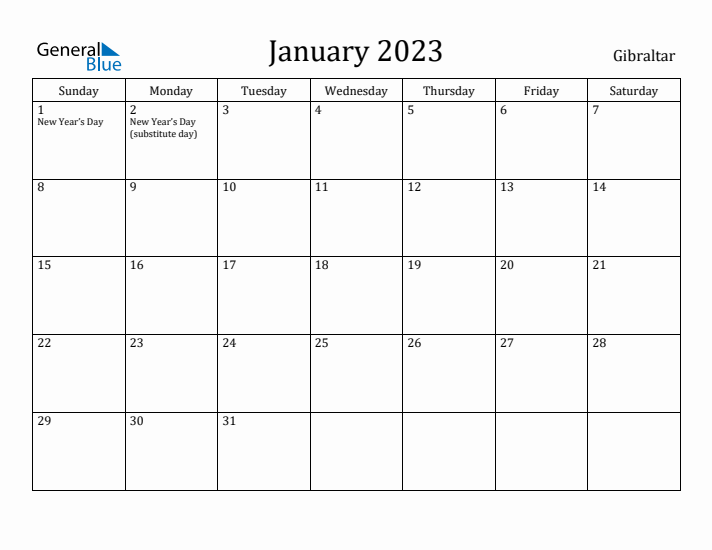 January 2023 Calendar Gibraltar