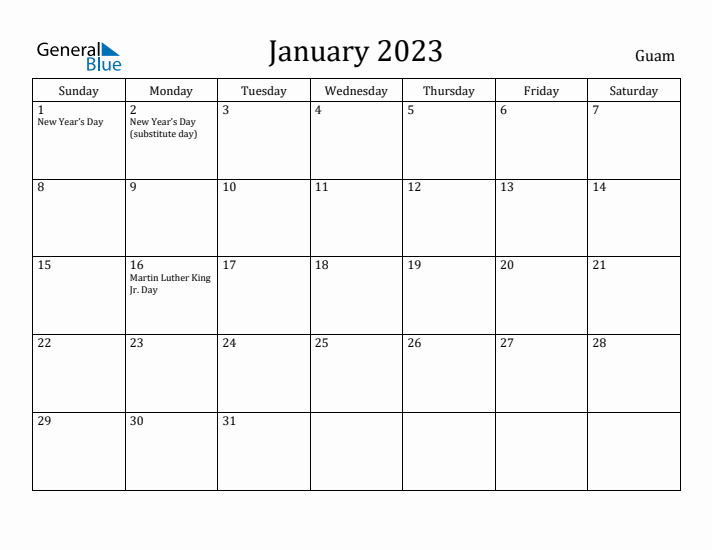 January 2023 Calendar Guam