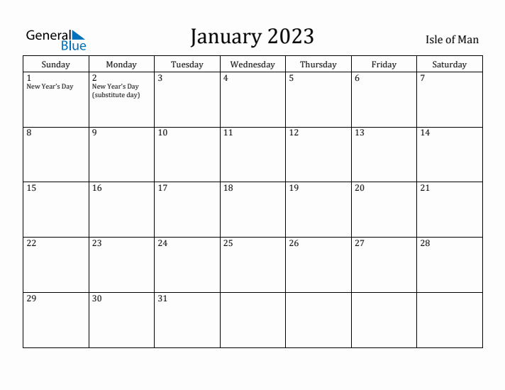 January 2023 Calendar Isle of Man