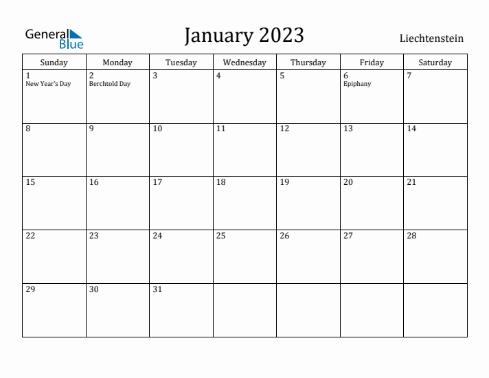 January 2023 Calendar Liechtenstein