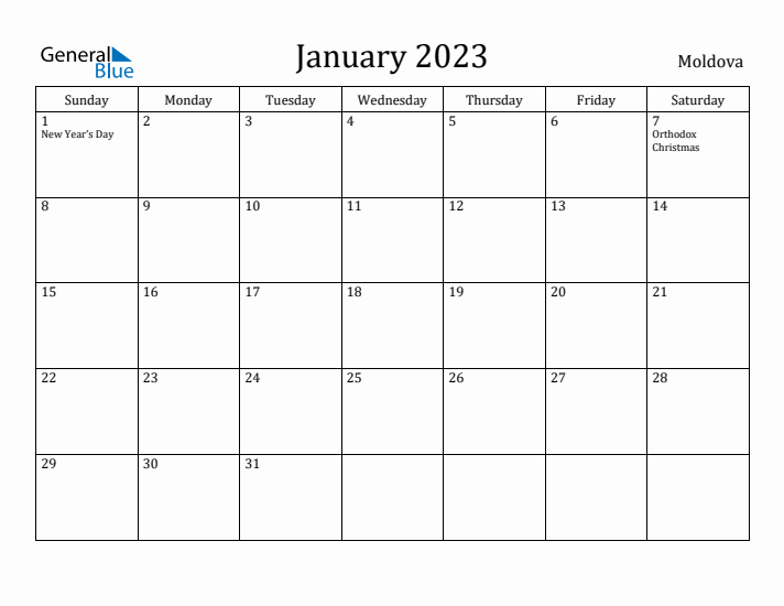 January 2023 Calendar Moldova