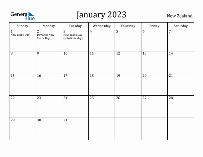 January 2023 Calendar New Zealand