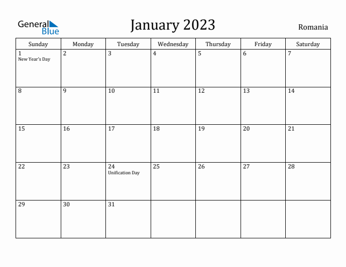 January 2023 Calendar Romania