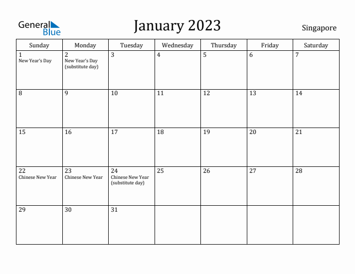 January 2023 Calendar Singapore