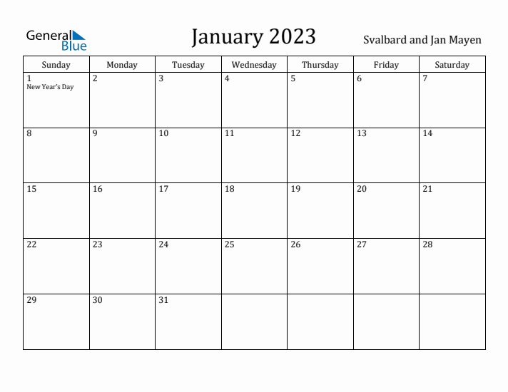 January 2023 Calendar Svalbard and Jan Mayen