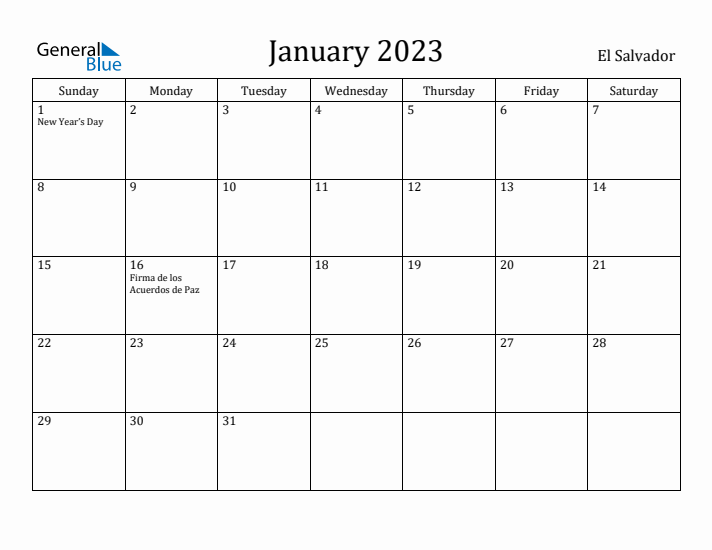 January 2023 Calendar El Salvador