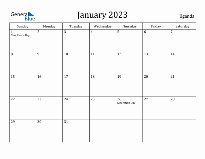 January 2023 Calendar Uganda