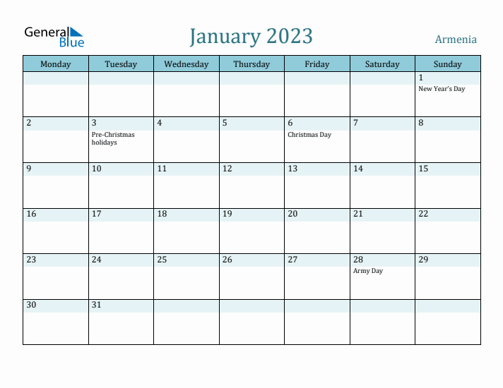 January 2023 Calendar with Holidays