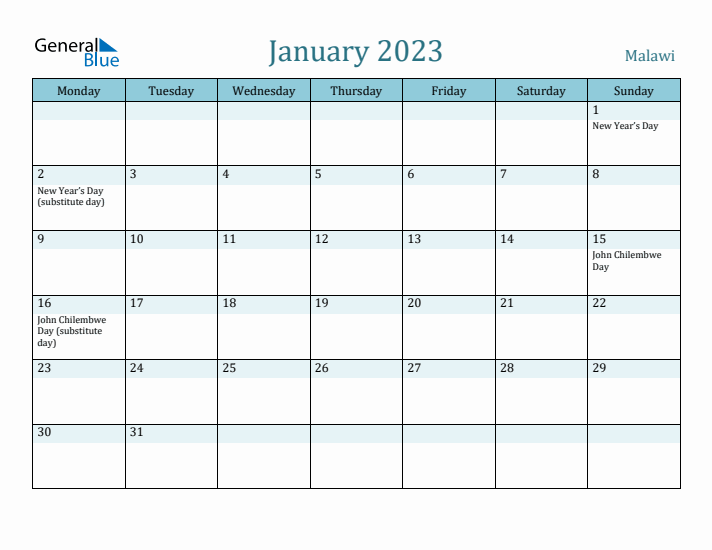 January 2023 Calendar with Holidays