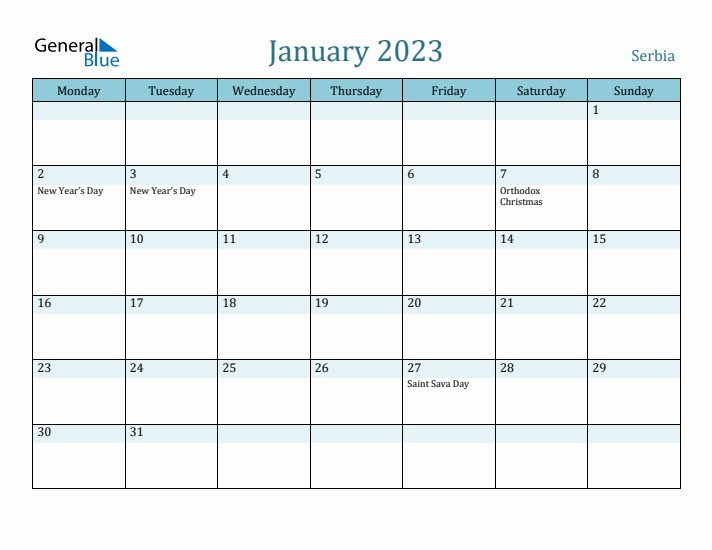 January 2023 Calendar with Holidays