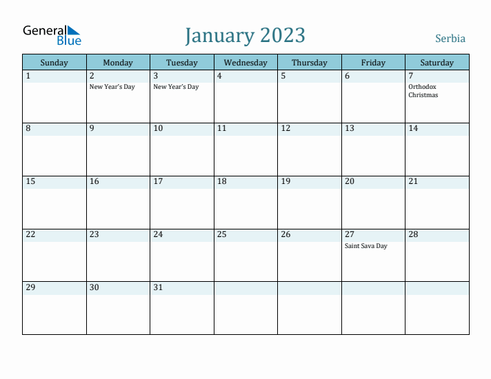 January 2023 Calendar with Holidays