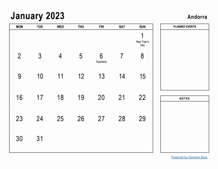 January 2023 Printable Monthly Calendar with Andorra Holidays