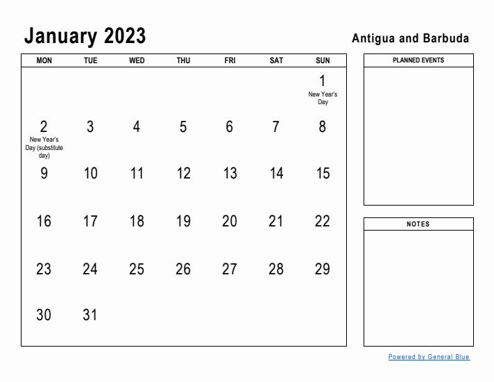 January 2023 Printable Monthly Calendar with Antigua and Barbuda Holidays